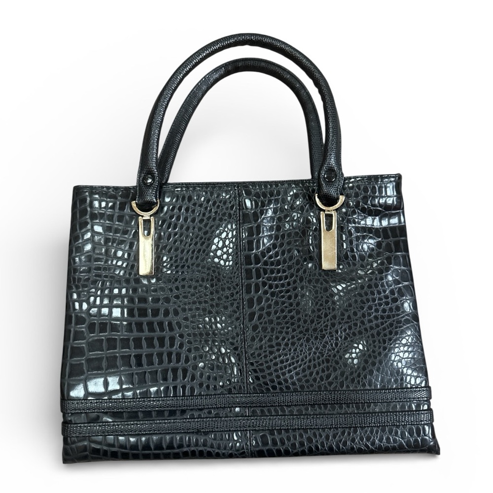 Bueno Elegant Black Crocodile Pattern Satchel Handbag